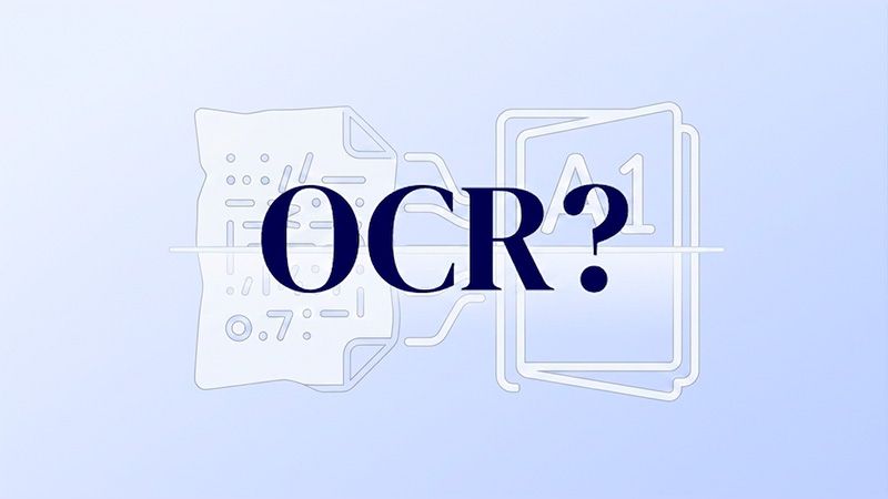 Grafik med teksten 'OCR?'. Illustration til guide om OCR, og hvordan man bruger tekstgenkendelse til at læse scannede dokumenter.