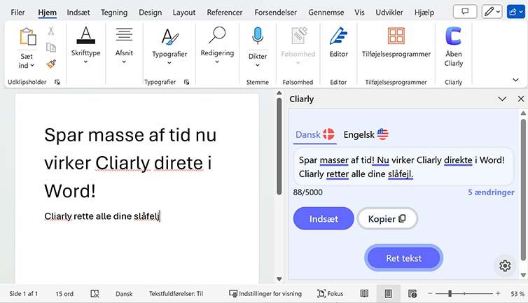 Screenshot af Cliarlys Word-tilføjelse.