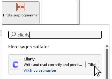 Viser, hvordan man søger på Cliarly og finder tilføjelsen.