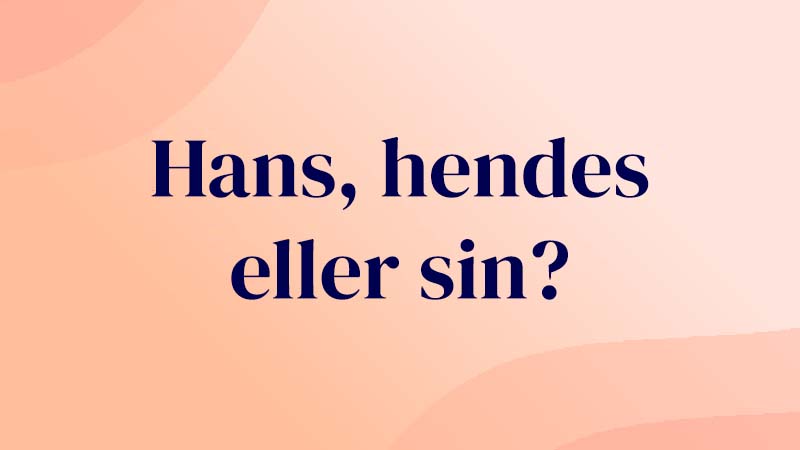 Grafik med teksten 'Hedder det hans, hendes eller sin?'. Illustration til guide om forskellen på at bruge hans/hendes og sin/sit.