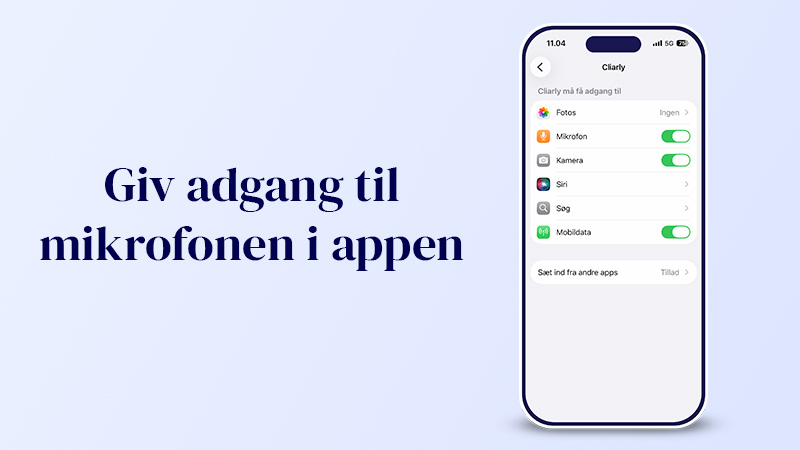 Guide to the Cliarly app: Illustration showing that you need to turn on the microphone. The image contains the text 'Allow access to the microphone in the app' above a microphone icon and an activated button.