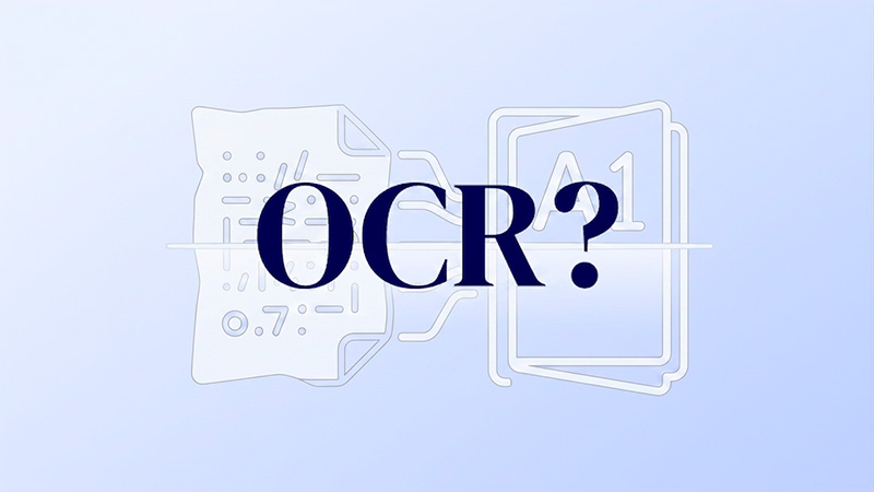 Grafik med teksten 'OCR?'. Illustration til guide om OCR, og hvordan man bruger tekstgenkendelse til at læse scannede dokumenter.