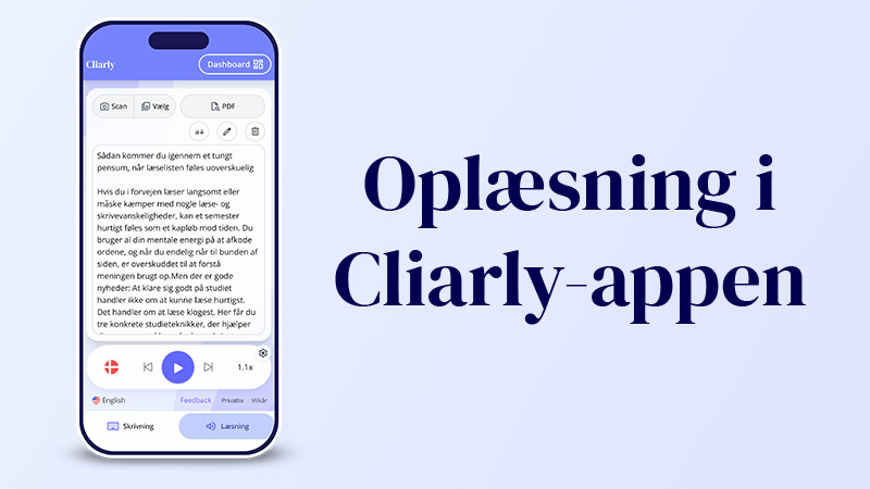 Illustration of the text-to-speech function in the Cliarly app. The screenshot shows how the app highlights the text while reading aloud to make it easier to follow along.