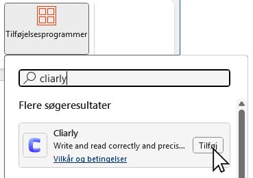 Shows how to search for Cliarly and find the add-in.